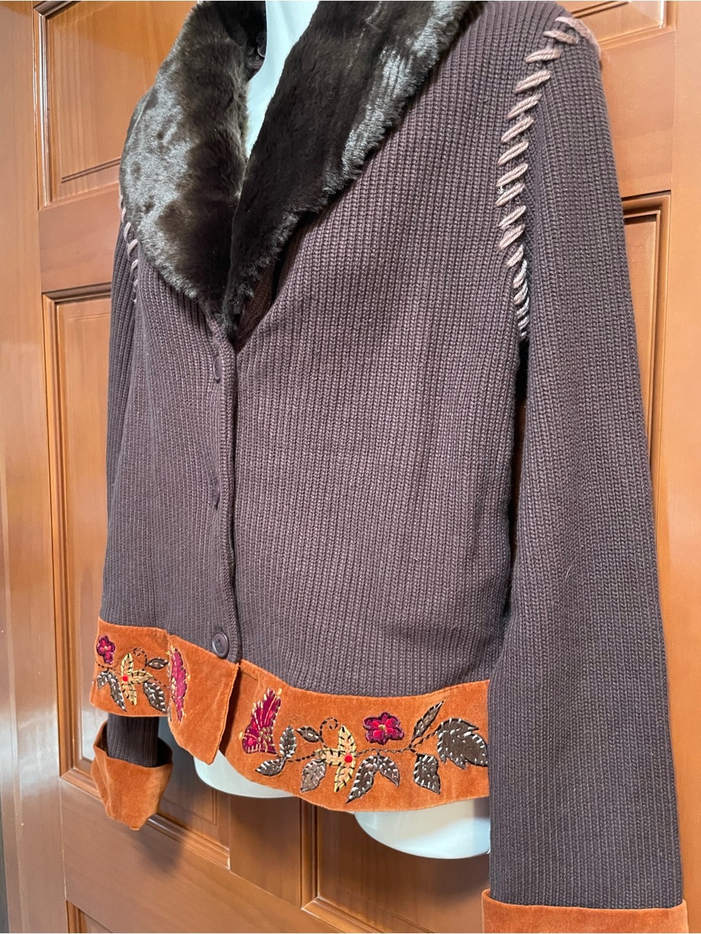 Together Mauve-Brown Knit Cardigan with Faux Fur Trim